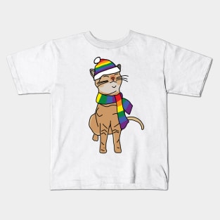 Kitty Cat and Rainbow Pride Flag Hat and Scarf Kids T-Shirt